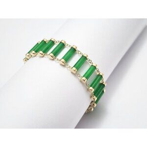 Unique 14K Solid Yellow Gold Designer Green Jadeite Jade Link Bracelet 7.25" L